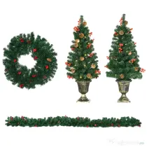 HOMCOM Set de decoratiuni pentru Craciun set 4 piese, coroana de ghirlande si set de 2 copaci cu lumini LED albe calde, fructe de padure rosii, pini de pin, verde