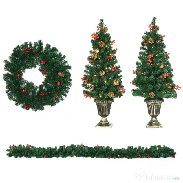 HOMCOM Set de decoratiuni pentru Craciun set 4 piese, coroana de ghirlande si set de 2 copaci cu lumini LED albe calde, fructe de padure rosii, pini de pin, verde
