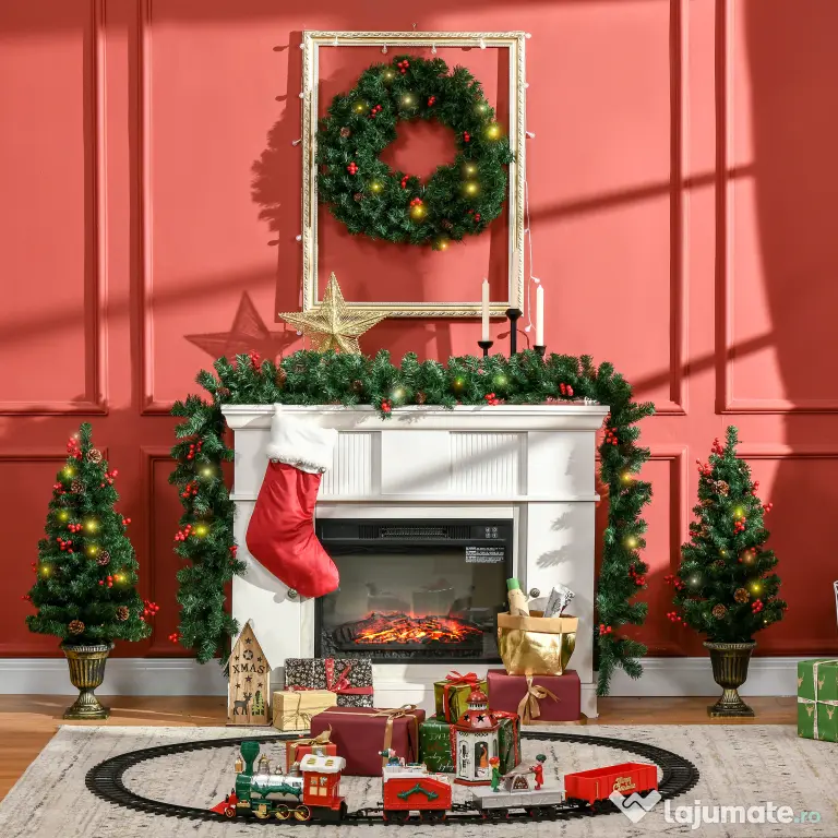 HOMCOM Set de decoratiuni pentru Craciun set 4 piese, coroana de ghirlande si set de 2 copaci cu lumini LED albe calde, fructe de padure rosii, pini de pin, verde