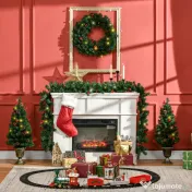 HOMCOM Set de decoratiuni pentru Craciun set 4 piese, coroana de ghirlande si set de 2 copaci cu lumini LED albe calde, fructe de padure rosii, pini de pin, verde