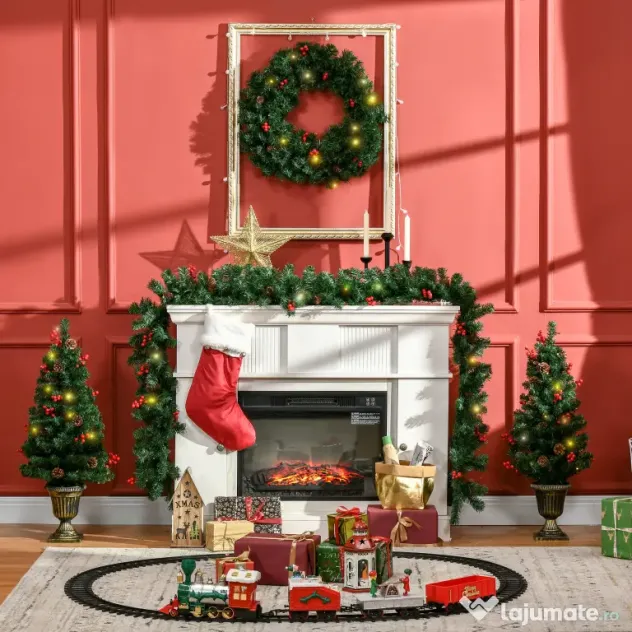 HOMCOM Set de decoratiuni pentru Craciun set 4 piese, coroana de ghirlande si set de 2 copaci cu lumini LED albe calde, fructe de padure rosii, pini de pin, verde