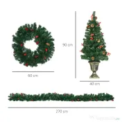 HOMCOM Set de decoratiuni pentru Craciun set 4 piese, coroana de ghirlande si set de 2 copaci cu lumini LED albe calde, fructe de padure rosii, pini de pin, verde