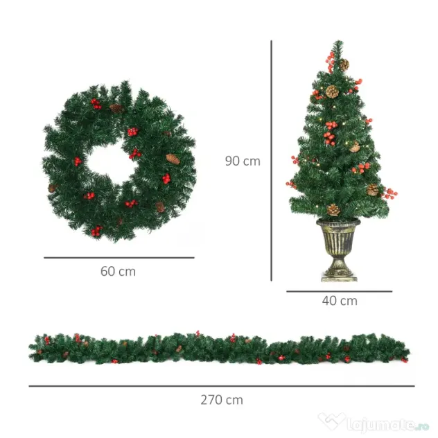 HOMCOM Set de decoratiuni pentru Craciun set 4 piese, coroana de ghirlande si set de 2 copaci cu lumini LED albe calde, fructe de padure rosii, pini de pin, verde