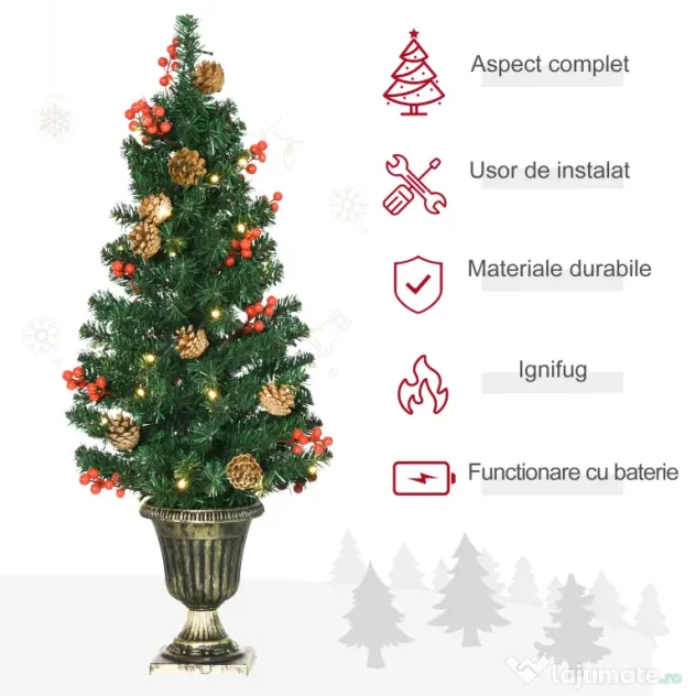 HOMCOM Set de decoratiuni pentru Craciun set 4 piese, coroana de ghirlande si set de 2 copaci cu lumini LED albe calde, fructe de padure rosii, pini de pin, verde