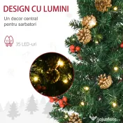 HOMCOM Set de decoratiuni pentru Craciun set 4 piese, coroana de ghirlande si set de 2 copaci cu lumini LED albe calde, fructe de padure rosii, pini de pin, verde