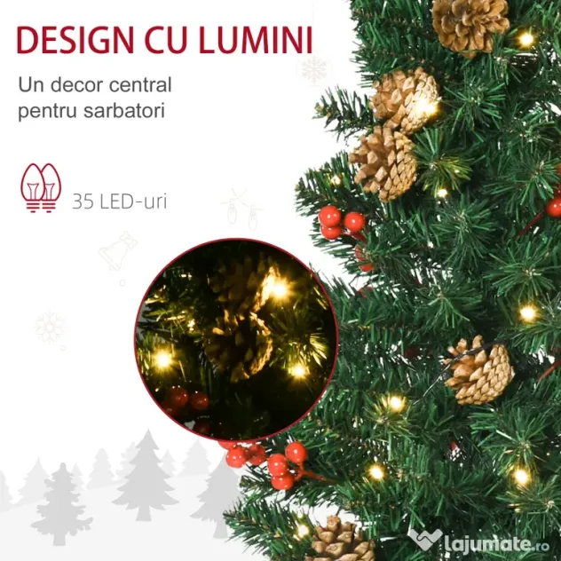 HOMCOM Set de decoratiuni pentru Craciun set 4 piese, coroana de ghirlande si set de 2 copaci cu lumini LED albe calde, fructe de padure rosii, pini de pin, verde