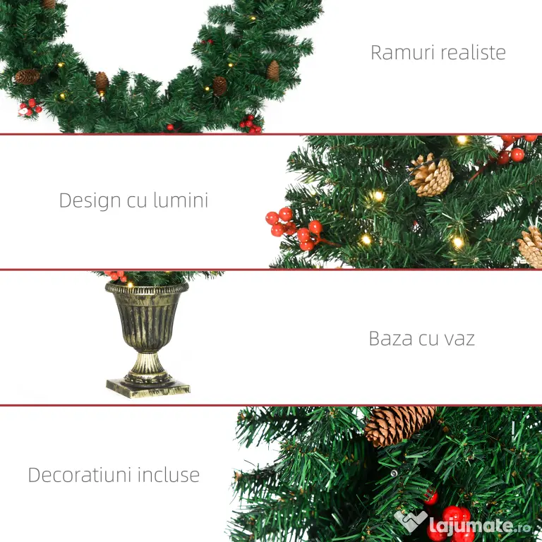 HOMCOM Set de decoratiuni pentru Craciun set 4 piese, coroana de ghirlande si set de 2 copaci cu lumini LED albe calde, fructe de padure rosii, pini de pin, verde