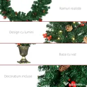 HOMCOM Set de decoratiuni pentru Craciun set 4 piese, coroana de ghirlande si set de 2 copaci cu lumini LED albe calde, fructe de padure rosii, pini de pin, verde
