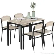 HOMCOM Set de masa din 5 Piese cu 1 masa dreptunghiulara 100x63x76.5 cm si 4 Scaune 45x40x82 cm, din otel si MDF, Negru si lemn natural 