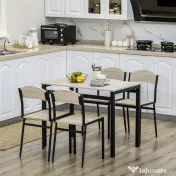 HOMCOM Set de masa din 5 Piese cu 1 masa dreptunghiulara 100x63x76.5 cm si 4 Scaune 45x40x82 cm, din otel si MDF, Negru si lemn natural 