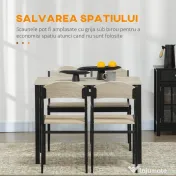 HOMCOM Set de masa din 5 Piese cu 1 masa dreptunghiulara 100x63x76.5 cm si 4 Scaune 45x40x82 cm, din otel si MDF, Negru si lemn natural 