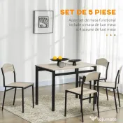 HOMCOM Set de masa din 5 Piese cu 1 masa dreptunghiulara 100x63x76.5 cm si 4 Scaune 45x40x82 cm, din otel si MDF, Negru si lemn natural 