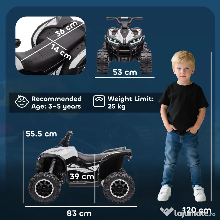 HOMCOM ATV Electric pentru Copii, Motocicletă pentru Copii cu Motor Dublu, 2 Viteze, Roți Late și Faruri LED, 83x53x55.5 cm, Alb | Aosom Romania