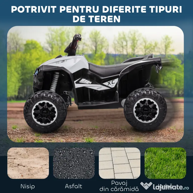 HOMCOM ATV Electric pentru Copii, Motocicletă pentru Copii cu Motor Dublu, 2 Viteze, Roți Late și Faruri LED, 83x53x55.5 cm, Alb | Aosom Romania