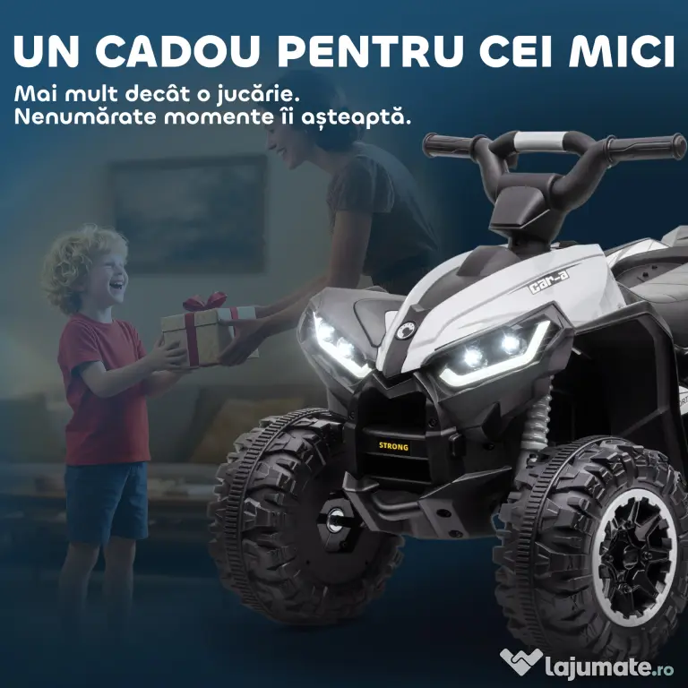 HOMCOM ATV Electric pentru Copii, Motocicletă pentru Copii cu Motor Dublu, 2 Viteze, Roți Late și Faruri LED, 83x53x55.5 cm, Alb | Aosom Romania
