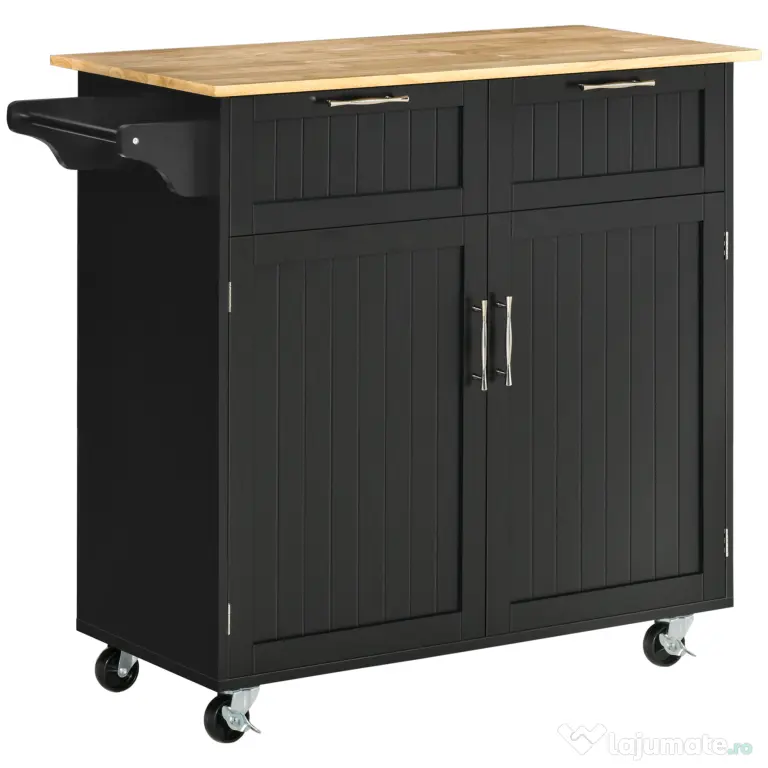 HOMCOM Carucior de bucatarie multifunctional din lemn cu 2 sertare, dulapior si 4 roti, 104x46x91cm, negru