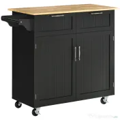 HOMCOM Carucior de bucatarie multifunctional din lemn cu 2 sertare, dulapior si 4 roti, 104x46x91cm, negru