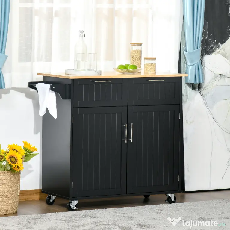 HOMCOM Carucior de bucatarie multifunctional din lemn cu 2 sertare, dulapior si 4 roti, 104x46x91cm, negru