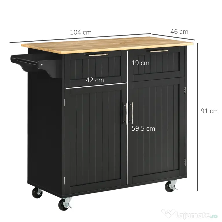 HOMCOM Carucior de bucatarie multifunctional din lemn cu 2 sertare, dulapior si 4 roti, 104x46x91cm, negru