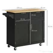 HOMCOM Carucior de bucatarie multifunctional din lemn cu 2 sertare, dulapior si 4 roti, 104x46x91cm, negru