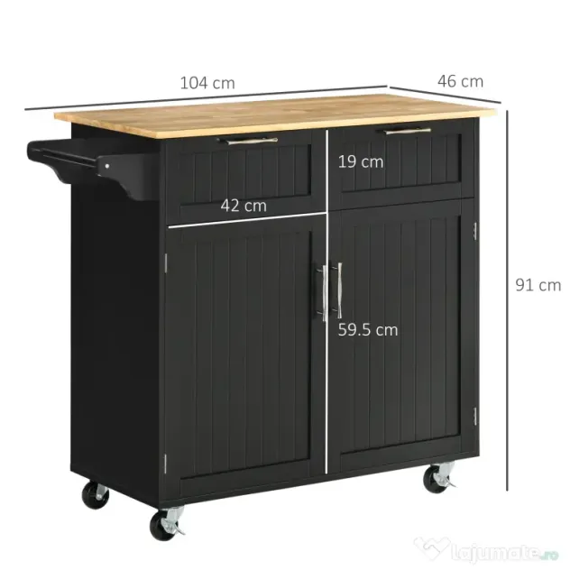 HOMCOM Carucior de bucatarie multifunctional din lemn cu 2 sertare, dulapior si 4 roti, 104x46x91cm, negru