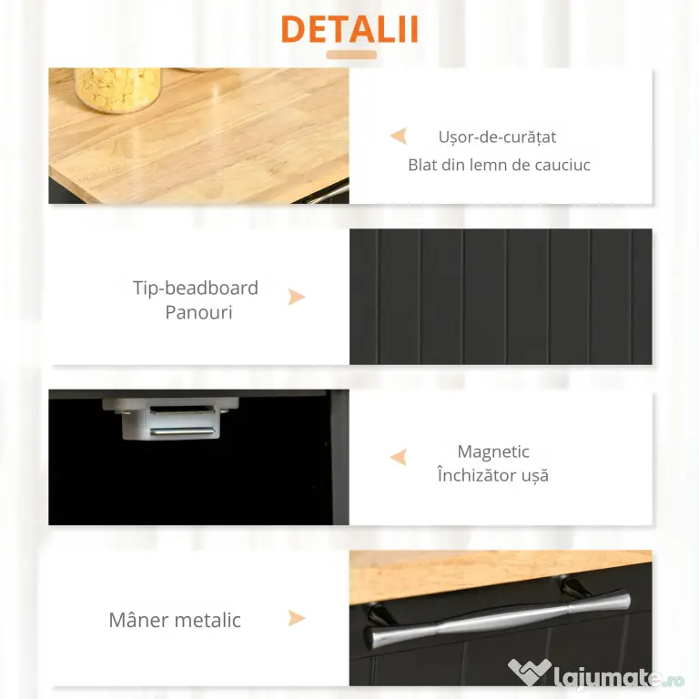 HOMCOM Carucior de bucatarie multifunctional din lemn cu 2 sertare, dulapior si 4 roti, 104x46x91cm, negru