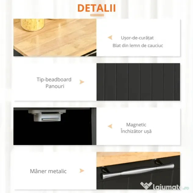 HOMCOM Carucior de bucatarie multifunctional din lemn cu 2 sertare, dulapior si 4 roti, 104x46x91cm, negru