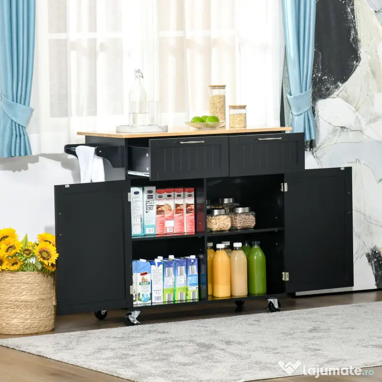 HOMCOM Carucior de bucatarie multifunctional din lemn cu 2 sertare, dulapior si 4 roti, 104x46x91cm, negru