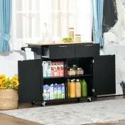 HOMCOM Carucior de bucatarie multifunctional din lemn cu 2 sertare, dulapior si 4 roti, 104x46x91cm, negru