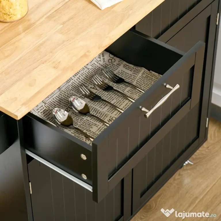 HOMCOM Carucior de bucatarie multifunctional din lemn cu 2 sertare, dulapior si 4 roti, 104x46x91cm, negru