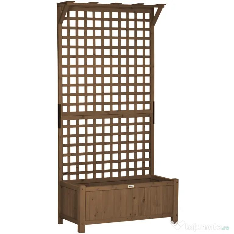 Outsunny Jardinieră Ridicată pentru Exterior cu Spalier și Bară Superioară, Jardinieră din Lemn de Brad cu Găuri de Drenaj pentru Flori și Legume, pentru Grădină și Balcon, Cafeniu Întunecat