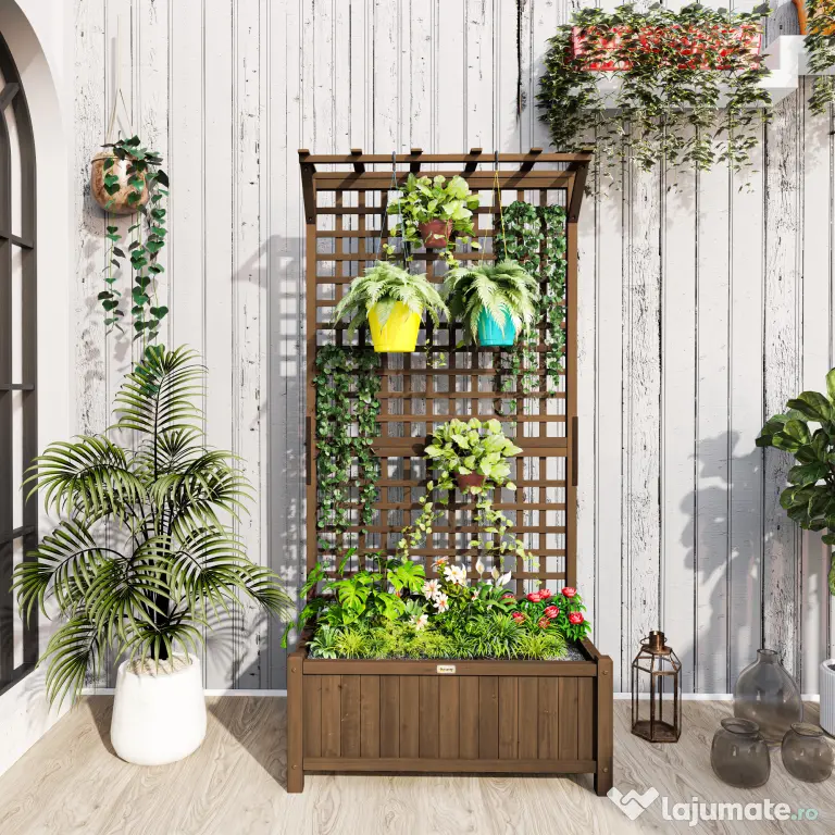 Outsunny Jardinieră Ridicată pentru Exterior cu Spalier și Bară Superioară, Jardinieră din Lemn de Brad cu Găuri de Drenaj pentru Flori și Legume, pentru Grădină și Balcon, Cafeniu Întunecat