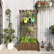 Outsunny Jardinieră Ridicată pentru Exterior cu Spalier și Bară Superioară, Jardinieră din Lemn de Brad cu Găuri de Drenaj pentru Flori și Legume, pentru Grădină și Balcon, Cafeniu Întunecat