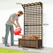 Outsunny Jardinieră Ridicată pentru Exterior cu Spalier și Bară Superioară, Jardinieră din Lemn de Brad cu Găuri de Drenaj pentru Flori și Legume, pentru Grădină și Balcon, Cafeniu Întunecat