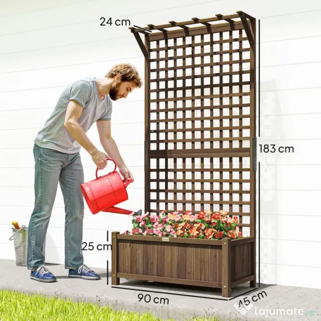 Outsunny Jardinieră Ridicată pentru Exterior cu Spalier și Bară Superioară, Jardinieră din Lemn de Brad cu Găuri de Drenaj pentru Flori și Legume, pentru Grădină și Balcon, Cafeniu Întunecat