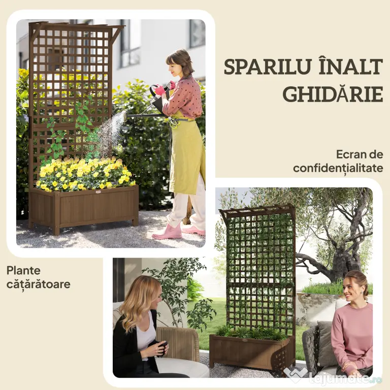 Outsunny Jardinieră Ridicată pentru Exterior cu Spalier și Bară Superioară, Jardinieră din Lemn de Brad cu Găuri de Drenaj pentru Flori și Legume, pentru Grădină și Balcon, Cafeniu Întunecat