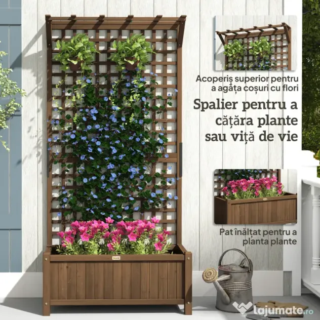 Outsunny Jardinieră Ridicată pentru Exterior cu Spalier și Bară Superioară, Jardinieră din Lemn de Brad cu Găuri de Drenaj pentru Flori și Legume, pentru Grădină și Balcon, Cafeniu Întunecat