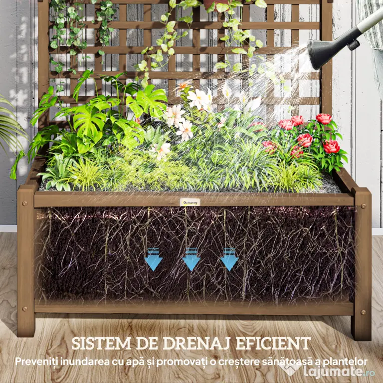 Outsunny Jardinieră Ridicată pentru Exterior cu Spalier și Bară Superioară, Jardinieră din Lemn de Brad cu Găuri de Drenaj pentru Flori și Legume, pentru Grădină și Balcon, Cafeniu Întunecat