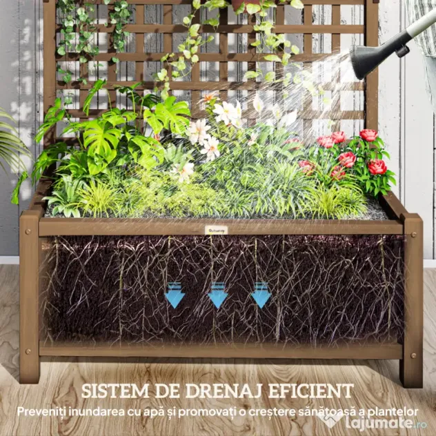 Outsunny Jardinieră Ridicată pentru Exterior cu Spalier și Bară Superioară, Jardinieră din Lemn de Brad cu Găuri de Drenaj pentru Flori și Legume, pentru Grădină și Balcon, Cafeniu Întunecat