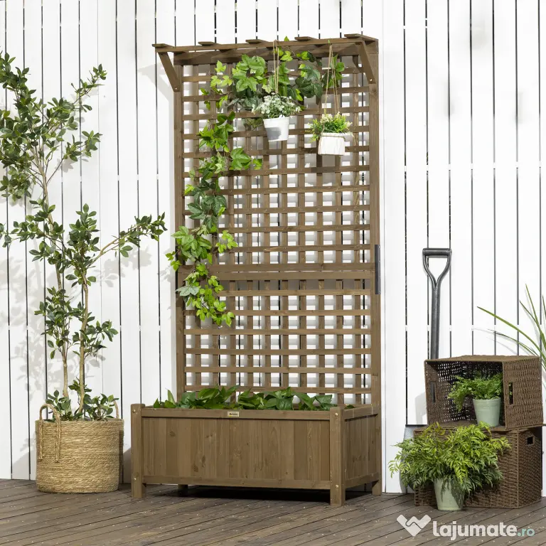 Outsunny Jardinieră Ridicată pentru Exterior cu Spalier și Bară Superioară, Jardinieră din Lemn de Brad cu Găuri de Drenaj pentru Flori și Legume, pentru Grădină și Balcon, Cafeniu Întunecat
