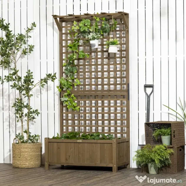 Outsunny Jardinieră Ridicată pentru Exterior cu Spalier și Bară Superioară, Jardinieră din Lemn de Brad cu Găuri de Drenaj pentru Flori și Legume, pentru Grădină și Balcon, Cafeniu Întunecat