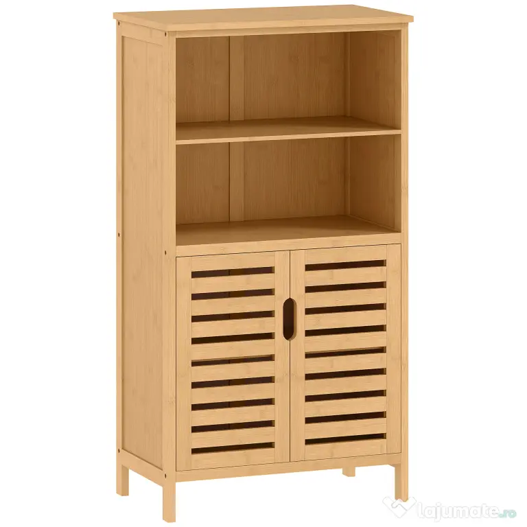kleankin Mobile Bagno in Bambù, Mobiletto Bagno Salvaspazio con 2 Ante a Persiana e Ripiani Aperti, Armadietto da Terra per Sala da Pranzo, Salotto, Soggiorno, Cucina, 50x29x92 cm, Color Legno | Aosom Romania