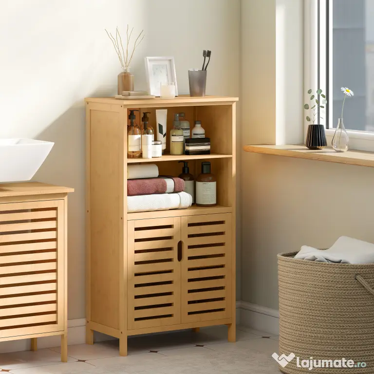 kleankin Mobile Bagno in Bambù, Mobiletto Bagno Salvaspazio con 2 Ante a Persiana e Ripiani Aperti, Armadietto da Terra per Sala da Pranzo, Salotto, Soggiorno, Cucina, 50x29x92 cm, Color Legno | Aosom Romania