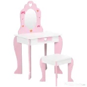 ZONEKIZ Set de Masa de Machiaj cu Scaun si Oglinda si Sertar, din Lemn MDF, pentru Copii de 3-6 Ani, Alb si Roz
