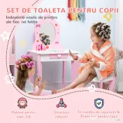 ZONEKIZ Set de Masa de Machiaj cu Scaun si Oglinda si Sertar, din Lemn MDF, pentru Copii de 3-6 Ani, Alb si Roz