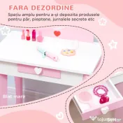 ZONEKIZ Set de Masa de Machiaj cu Scaun si Oglinda si Sertar, din Lemn MDF, pentru Copii de 3-6 Ani, Alb si Roz