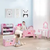 ZONEKIZ Set de Masa de Machiaj cu Scaun si Oglinda si Sertar, din Lemn MDF, pentru Copii de 3-6 Ani, Alb si Roz