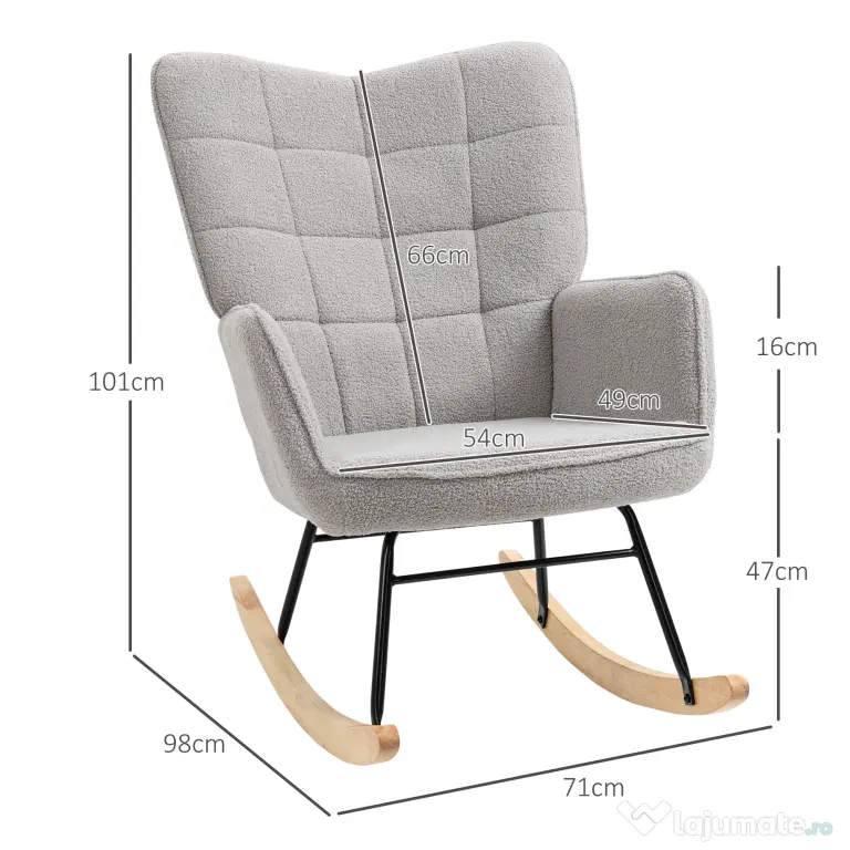 HOMCOM Fotoliu Balansoar de Interior Tapițat, Fotoliu Balansoar Relaxant din Blană cu Brațe, 71x98x101 cm, Gri Deshis | Aosom Romania