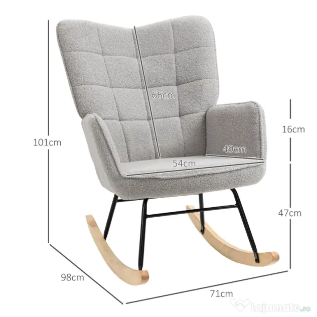 HOMCOM Fotoliu Balansoar de Interior Tapițat, Fotoliu Balansoar Relaxant din Blană cu Brațe, 71x98x101 cm, Gri Deshis | Aosom Romania
