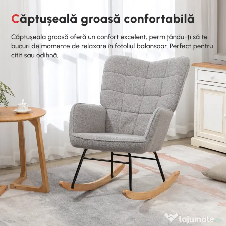 HOMCOM Fotoliu Balansoar de Interior Tapițat, Fotoliu Balansoar Relaxant din Blană cu Brațe, 71x98x101 cm, Gri Deshis | Aosom Romania